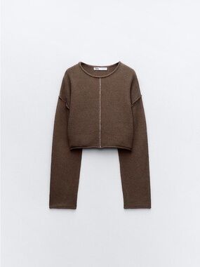 Zara olive green Cropped Knit Sweater with Center Seam Detail